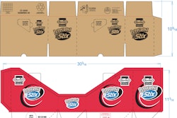 Two separate pieces are fed into a high-speed folder/gluer to produce the Retail-Ready shipper used by Hormel.
