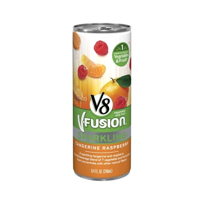 V-8 Fusion Sparkling Drinks uses a slim can to emphasize the brand message.