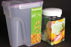 Snapware had been using preprinted inserts, placed inside the containers (at right), as the primary means of branding its products. In June 2010, it switched to an automated labeling system that applies p-s labels to the side of the containers (at left).