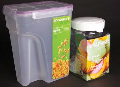 Snapware had been using preprinted inserts, placed inside the containers (at right), as the primary means of branding its products. In June 2010, it switched to an automated labeling system that applies p-s labels to the side of the containers (at left).