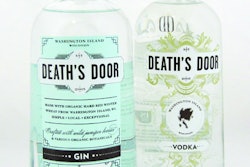 TOUGHER TAMPER PROOFING. The screen-printed bottles are manually topped off with cork stoppers and shrink film neck capsules (left) that replaces the previous, vertical paper TE banding.