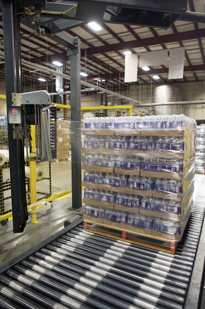 The 2000-lb pallet loads of bottled water are wrapped with 71-gauge stretch film.