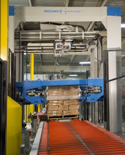 Navigated via computer menu, the stretch hooder draws down the film uniformly over the pallet load and securely seals the hood.
