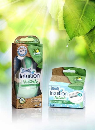 The Schick Intuition Naturals line of razors uses a carton made from 55% PCR paperboard.