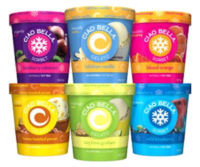 New packaging for Ciao Bella gelato and sorbet offers multiple cues to the consumer on the product type and flavor.