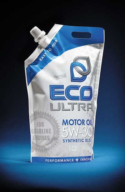 The ECO ULTRA motor oil flexible pouch is space-saving, lightweight, and consumer-alluring as an attractive, “eco-innovative” packaging option in the category.