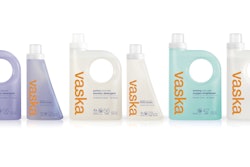 Vaska’s laundry cleaning product line is filled into transparent 21-fl-oz “wedge” bottles and 42-fl-oz handled bottles with see-through in-mold labeling.