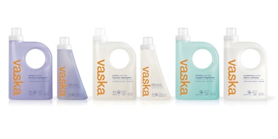 Vaska’s laundry cleaning product line is filled into transparent 21-fl-oz “wedge” bottles and 42-fl-oz handled bottles with see-through in-mold labeling.