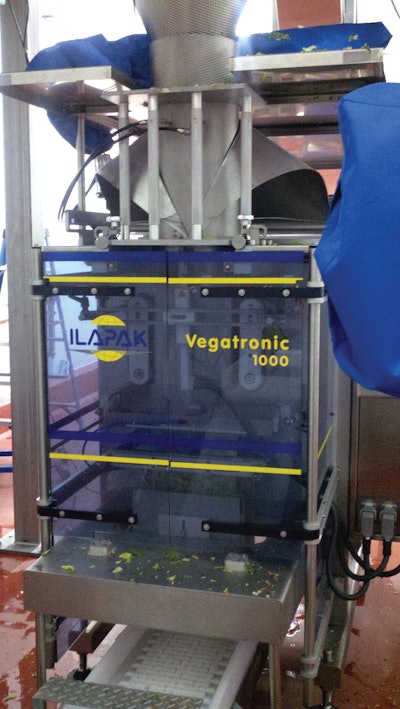 The vertical form/fill/seal system produces 30+ bags of cut lettuce and cabbage per minute.
