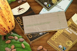 Compostable film wrap for Free Trade chocolates.