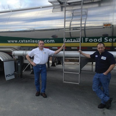 Dan Brackett (L) and Dennis Gulliver with Catania Spagna oil blend tanker. Image courtesy Catania Spagna