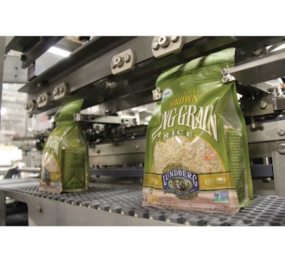 New intermittent-motion fill/seal equipment is used for Lundberg’s new stand-up rice pouches.