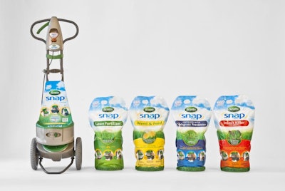 Scotts creates a no-mess, no-guesswork lawn spreader that works with pouched lawn-care products that snap into place and provide controlled-flow dispensing.