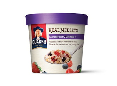 Quaker’s Real Medleys fruit and nut oatmeal blends come in a custom cup that uses a paperboard and plastic combination for a contemporary feel and functional performance.