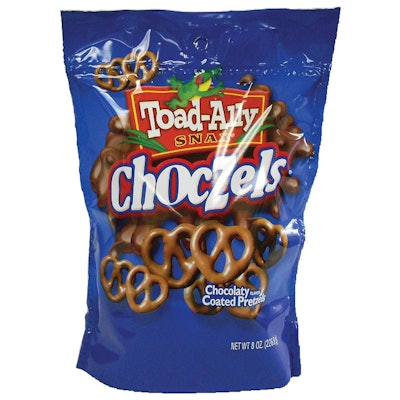 Toad-Ally Snax specializes in the production of chocolate-coated pretzels and chocolate-drizzled caramel popcorn.