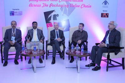 Panel discussion about open technology standards (from left to right): Mahabaleshwara B.L., Nestlé India, Satish Ansingkar, B&R, Maurizio Tarozzi, B&R, Bryan Griffen, Nestlé/Chair of Organization for Machine Automation & Control and OMAC Packaging Workgroup, and moderator Anup Wadhwa.