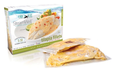 Nice carton graphics are the finishing touch on these frozen portions of raw fish in ovenable film.