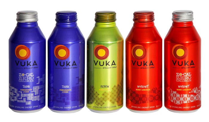 Shown here is a photo of Vuka energy drinks in Ball's 16-oz Alumi-Tek bottles, which provide graphic punch and are recyclable.