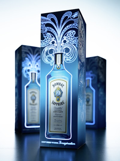 Bacardi's Bombay Sapphire gin in an electroluminescent folding carton.
