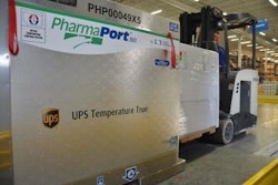 This photo shows a combination of a PharmaPort 360TM controlled temperature container and UPS Temperature True® services helped protect this vaccine shipment to Laos.