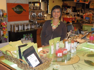 This photo shows Tammy Reddy at the Bello Tea retail outlet in the French Market at Chicago’s Ogilvie Transportation Center.