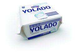 Four of the injection molded PP cups with foil lidding are robotically loaded into a PET tray that then passes through a flow wrapper to produce this attractive retail pack.