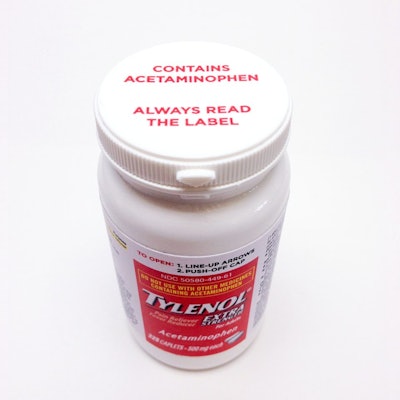 This photo shows an Extra Strength Tylenol bottle cap that carries the message, 'Always read the label.'