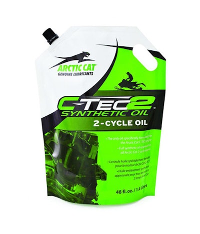 Stand-up pouch for Arctic Cat brand lubricant.
