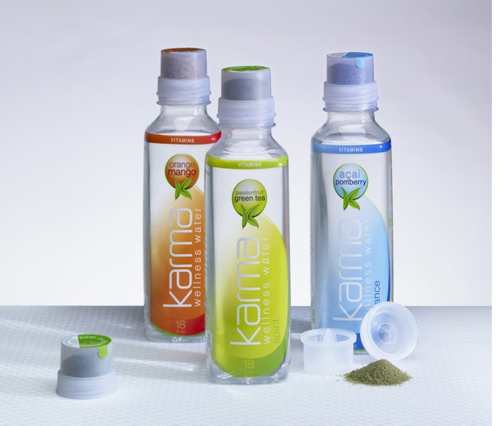 Branson Ultrasonics helped Karma Culture LLC overcome the challenge of welding the patented KarmaCap, a dispensing capsule that holds vitamins and other essential ingredients separate from the water until the consumer peels back the protective seal, pushes down on the cap, and gently shakes the bottle to mix the drink. The “reservoir cap” is used for Karma® Wellness Water plastic bottles.