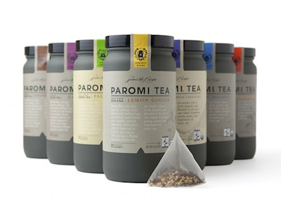 Paromi Artisan Tea Company achieved premium package appeal for retailers with a custom glass bottle and the story of Paromi’s worldwide search for unmatched ingredients.