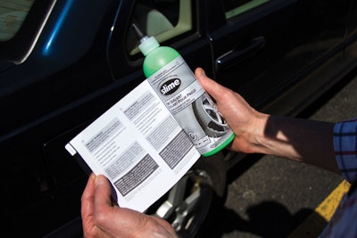 SEVEN LANGUAGES. A new five-panel, extended-text label for Slime Tire Sealant allows Accessories Marketing to provide information on the product in seven languages.
