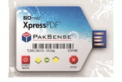 About the size of a sugar packet, PakSense’s next-generation BIOmed XpressPDF labels are flat, temperaturemonitoring labels that feature an integrated USB connection point.