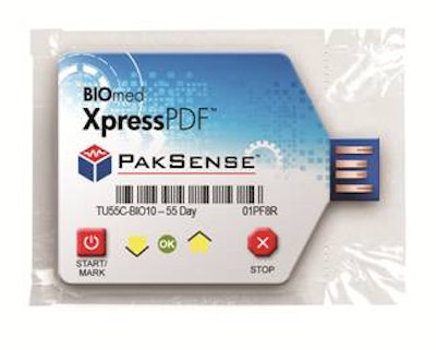 About the size of a sugar packet, PakSense’s next-generation BIOmed XpressPDF labels are flat, temperaturemonitoring labels that feature an integrated USB connection point.