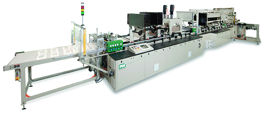 The PDI Medical Combination Pouch System uses a Rexroth control system to convert premade medical header bags and shaped pouches to exacting industry specifications at a rate of nearly 200 seals/min.