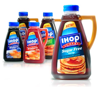 Five flavor varieties of IHOP at Home successfully replicate the restaurant dispenser design while meeting retail requirements in 12- and 24-oz packages.