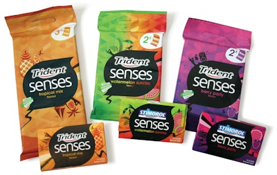 CONSISTENT BRANDING. Consistency—in both color and design—was the goal of Mondelez’ refresh of its Trident, Stimerol, and Hollywood brands in Europe and part of its strategy to revitalize the brands.