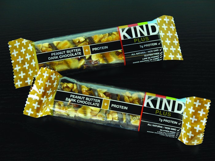 FRESH & NATURAL. The packaging for Kind Bar’s Peanut Butter Dark Chocolate + Protein bar was designed to deliver the fresh and natural message and allows the product to show through the package.