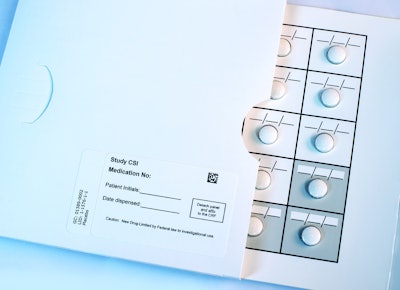 BLISTER PACK. This compliance-prompting pack for a clinical trials application includes room for patient initials and date dispensed.