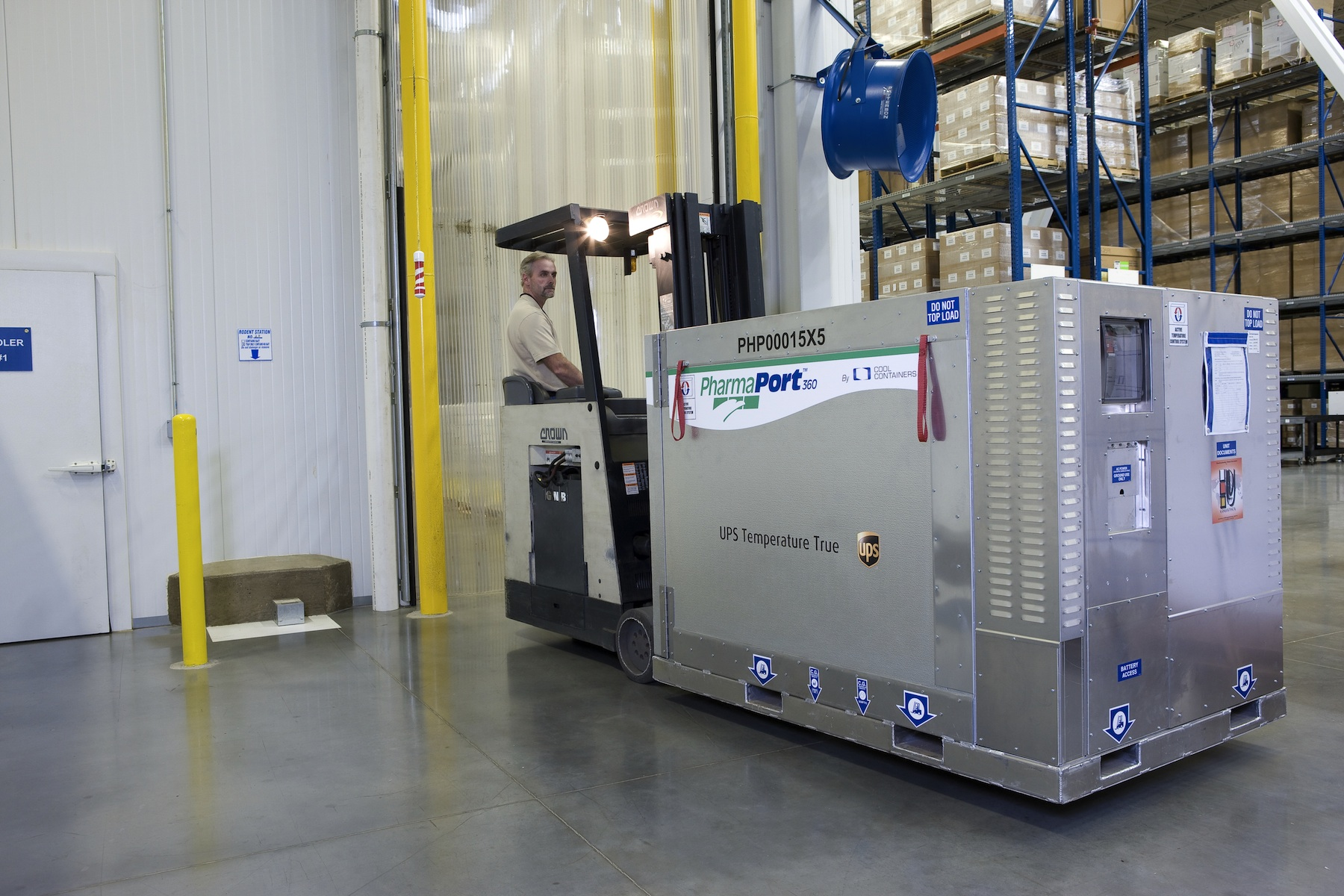 The PharmaPort&trade; 360 from Cool Containers is an active hybrid container. What that means is that it&rsquo;s designed to hold one pallet of product, and is set to maintain a temperature range for temperature-sensitive products. A client would lease the containers from UPS, and we would deliver them to the client pre-cooled. They would put their pallet load in there, close it, seal it, and make sure the temperature is set correctly. Then it is transported from origin to destination.
