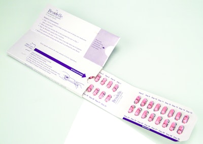Package of the year: Noven Therapeutics Brisdelle is indicated for the treatment of moderate to severe vasomotor symptoms (VMS) associated with menopause. The Brisdelle compliance design features calendarized dosing for 30 days of therapy, with a designated area for the patient to note the starting date of the therapy.