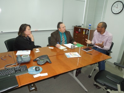 An update on the U.S. Pharmacopeial Convention in Rockville, MD. In this photo, Theresa Laranang-Mutlu (far left) and Dr. Desmond Hunt (far right) of the U.S. Pharmacopeial Convention talk with Healthcare Packaging Editor Jim Butschli.