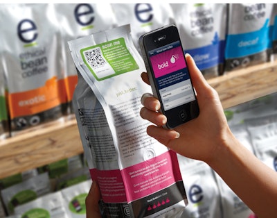 REAL-TIME INTERACTION. In today’s 24/7, connected environment, retailers and brand owners are using new technologies, such as QR codes, to interact with consumers in real time. Shown here is a QR code used on bags of coffee from Ethical Bean Coffee Co.