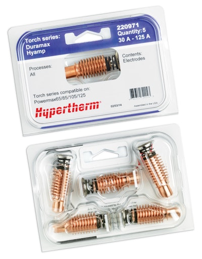 MULTIFACETED REDESIGN. The new clamshell package for Hypertherm’s consumables offers a more compact footprint, with 20% less material, and a more consistent, cleaner brand appearance on shelf.