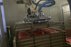 MULTIFUNCTION EOAT. The robot not only picks and places lay-flat flexible pouches into the stainless-steel trays, but it also transfers empty trays onto the stack for filling.