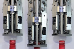 DOUBLE ACTING. Using tooling like this, the 20-head capping system now running in Truesdale, MO, pushes the aluminum capsule down onto the top of the bottle and also gently rolls on the cap, in the process forming the cap threads and tamper-evident band.