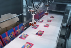 FAST PACKING. Three vision-guided high-speed Delta robots at Swizzels pick-and-place bags of Squashies candy into display cases at speeds to 360/min.