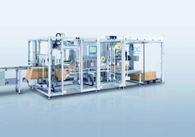 An end-of-line case packer and palletizer handles 265 bottles/min or 300 cartons/min.