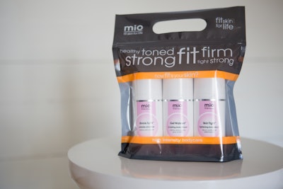 MIO Skincare’s customized stand-up pouch with carry handle offers a sporty, modern appeal for Life Time Fitness club members.