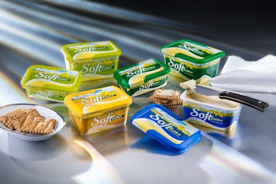 In-mold labeling differentiates this margarine package from Mills.