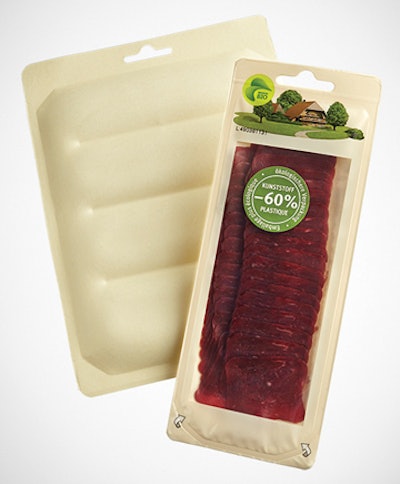 THERMOFORMABLE PAPER-BASED TRAY. Shown here are two of the seven varieties of chilled meat products packaged by Micarna in the PaperLite material.